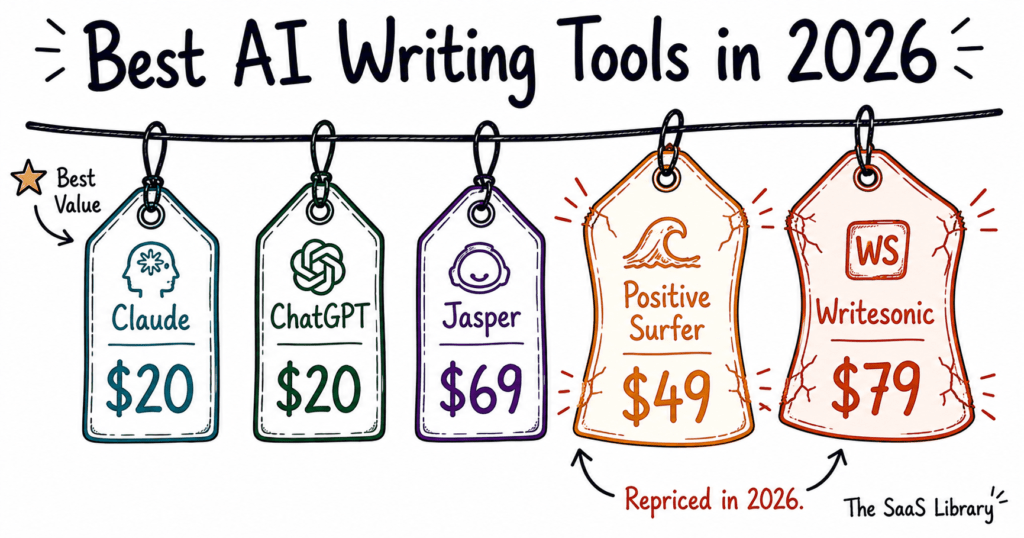 Doodle price tags for best AI writing tools 2026, two stretched to show price hikes.