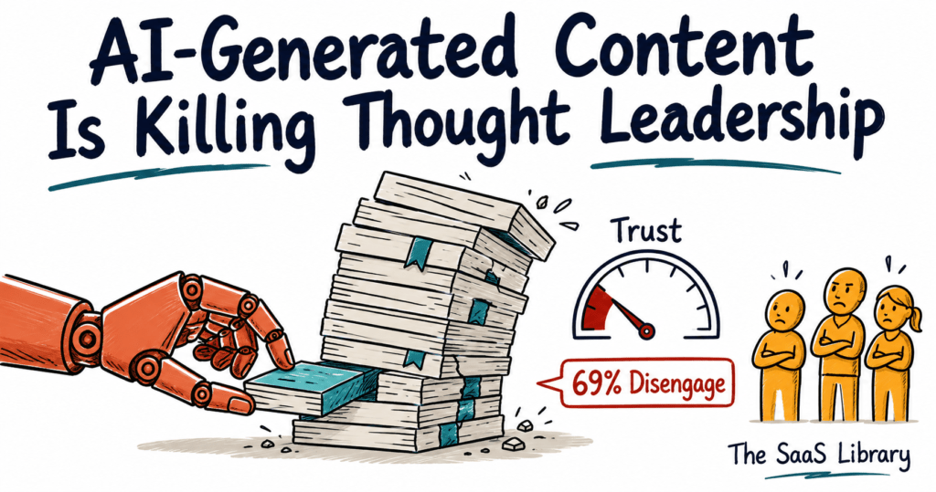 Doodle illustration of AI-generated content eroding trust and thought leadership authority in B2B SaaS