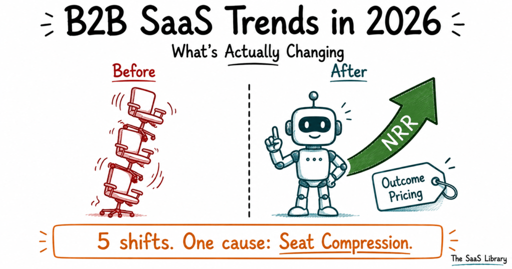 B2B SaaS trends in 2026 shown as seats tipping into AI agents and rising retention