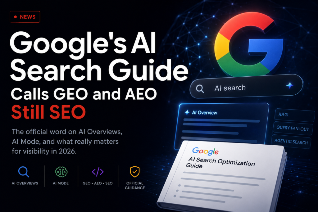 Abstract AI search interface with Google branding and neural network visualization — Google’s official AI search guide declaring GEO and AEO are still SEO