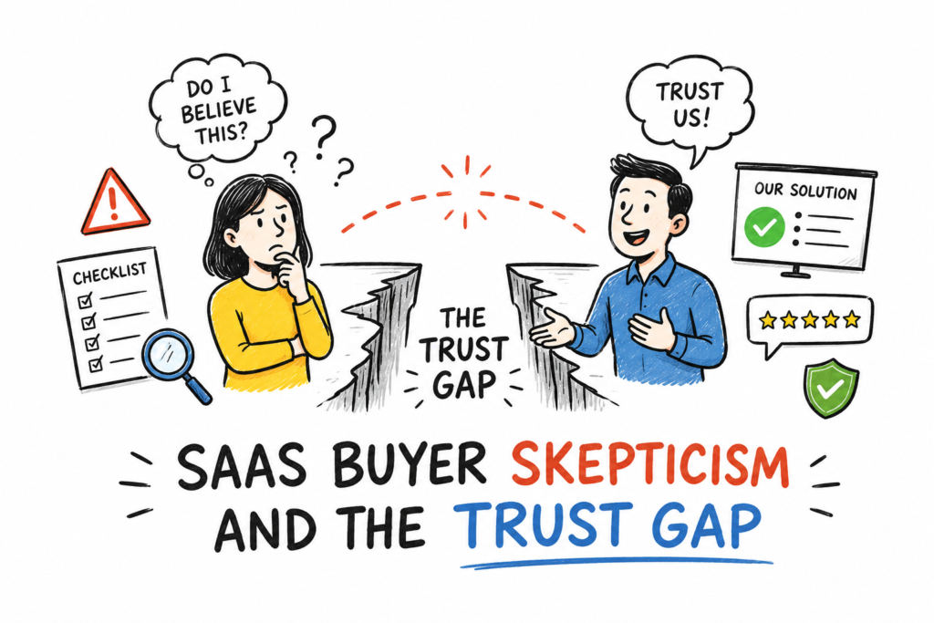 Doodle-style illustration showing the SaaS trust gap. Left side: a skeptical buyer in a yellow sweater thinking "Do I believe this?" surrounded by a checklist, magnifying glass, and warning triangle. Right side: a confident vendor in a blue shirt saying "Trust Us!" surrounded by a five-star review, solution checklist, and security shield. A cracked cliff separates them with "The Trust Gap" labelled at the centre. Title at bottom reads: SaaS Buyer Skepticism and the Trust Gap.