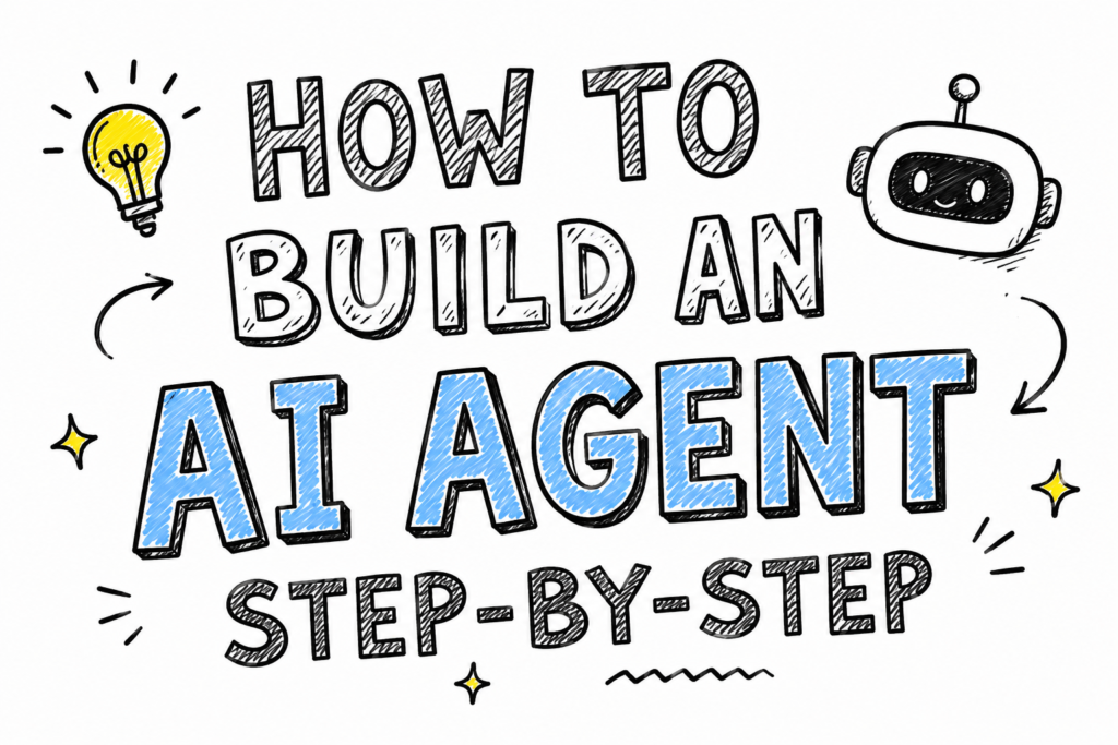 Colourful doodle-style featured image on a white background with the title “AI AGENTS SAAS USE CASES” in large hand-drawn lettering, surrounded by playful SaaS and AI icons including a robot, chatbot bubble, analytics chart, checklist, cloud, gear, and lightbulb.