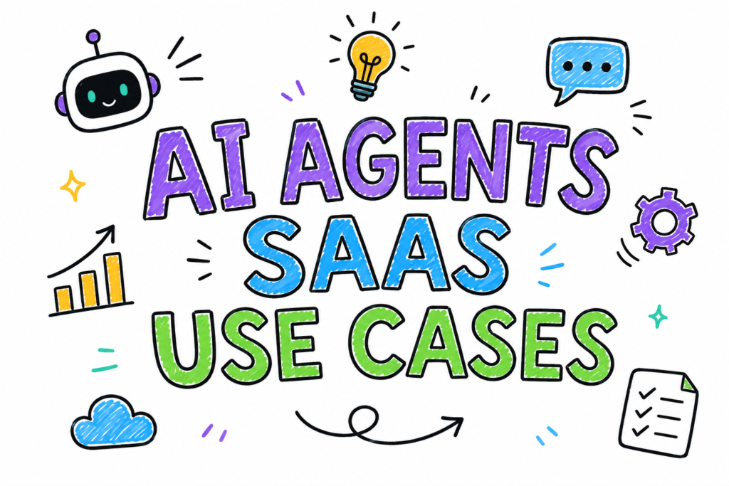Colourful doodle-style featured image on a white background with the title “AI AGENTS SAAS USE CASES” in large hand-drawn lettering, surrounded by playful SaaS and AI icons including a robot, chatbot bubble, analytics chart, checklist, cloud, gear, and lightbulb.