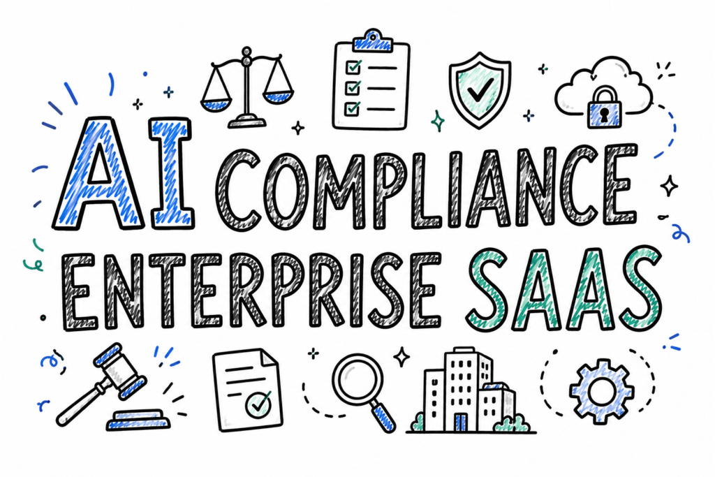 **Alt text:** Hand-drawn doodle-style featured image on a white background with the title “AI Compliance Enterprise SaaS” in large sketch typography. Surrounding the text are compliance and governance themed doodles including a balance scale, checklist clipboard, security shield, cloud lock, gavel, approved document, magnifying glass, office buildings, gear icon, and decorative sketch accents in blue and teal. Clean sketchnote aesthetic with no branding.