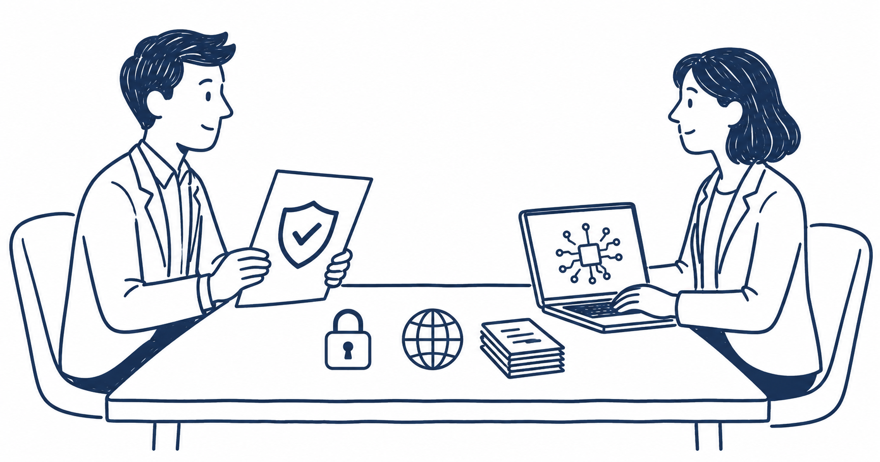 Flat doodle illustration of a vendor and buyer seated across a table during an enterprise SaaS security review, with compliance documents, AI icons, a padlock, globe, and document stack on the table between them