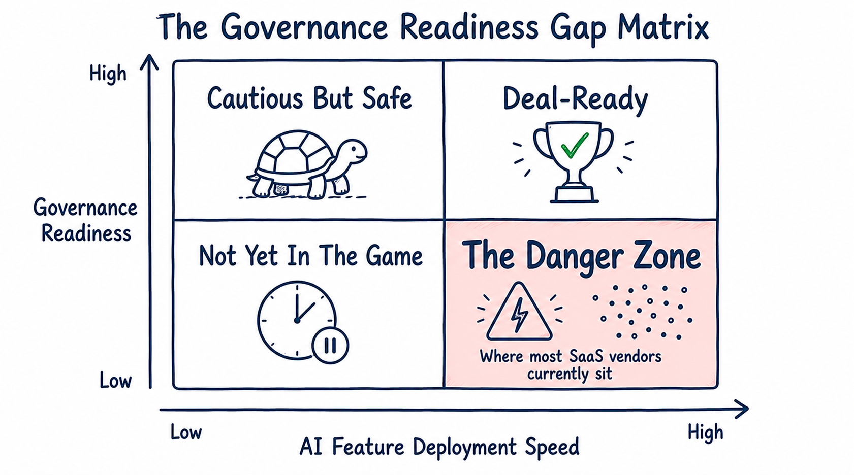 Flat doodle two-by-two matrix titled The Governance Readiness Gap Matrix — Deal-Ready top right, Cautious But Safe top left, The Danger Zone bottom right showing where most SaaS vendors currently sit, Not Yet In The Game bottom left