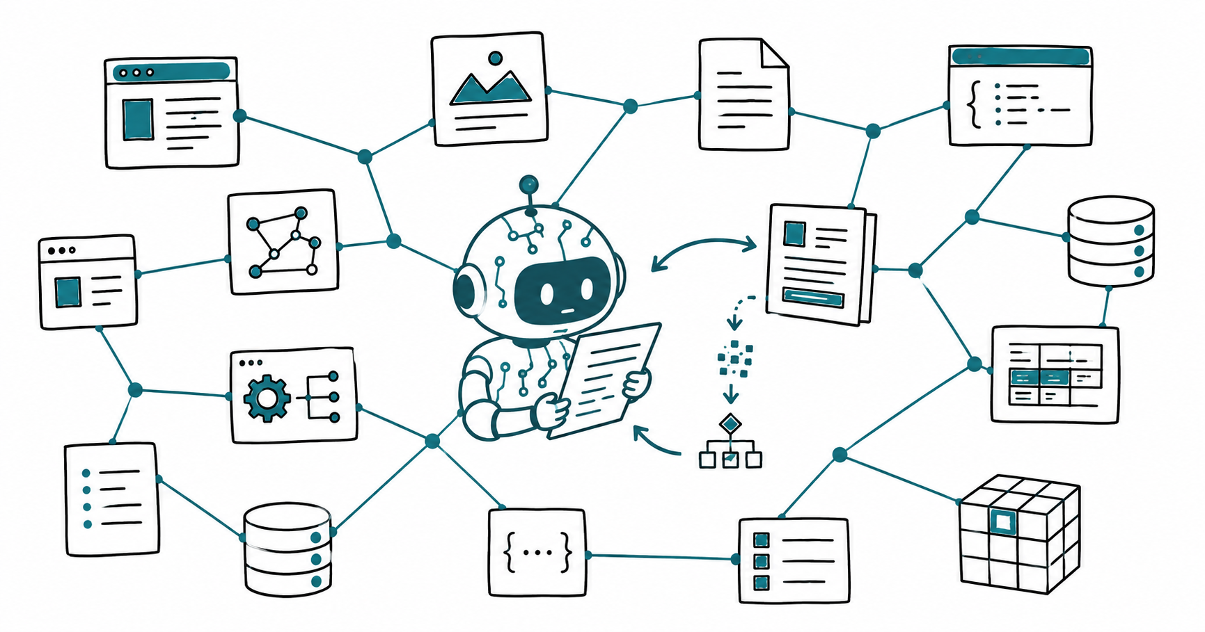 Flat doodle illustration of an AI agent robot at the center of a network of content nodes — webpages, documents, APIs, and data blocks connected by teal-blue lines — representing how autonomous AI agents fetch, parse, and act on digital content across the web
