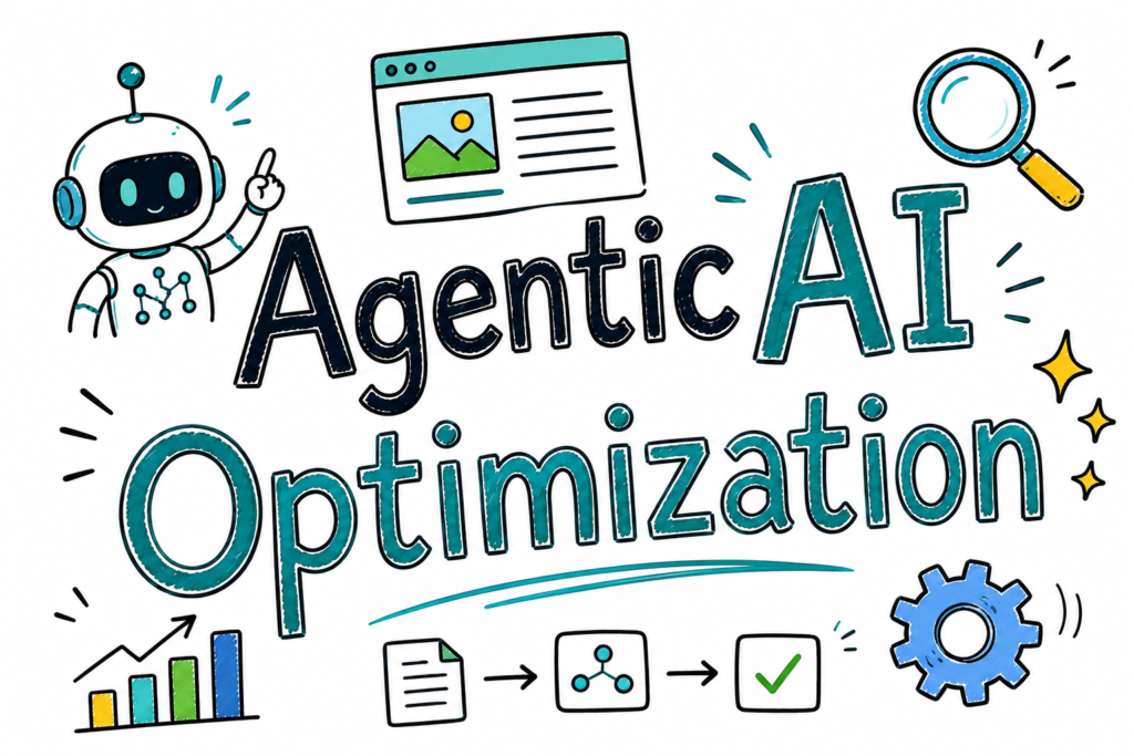 **Alt text:** Hand-drawn doodle-style featured image on a white background with the title “Agentic AI Optimization” in large, colorful sketch typography. Surrounding the title are playful AI and optimization-themed doodle elements including a small robot, browser window, magnifying glass, analytics chart, workflow icons, spark accents, and a gear. Teal-blue is the dominant accent color with small green, yellow, and blue highlights, creating a clean, modern, sketchnote aesthetic.