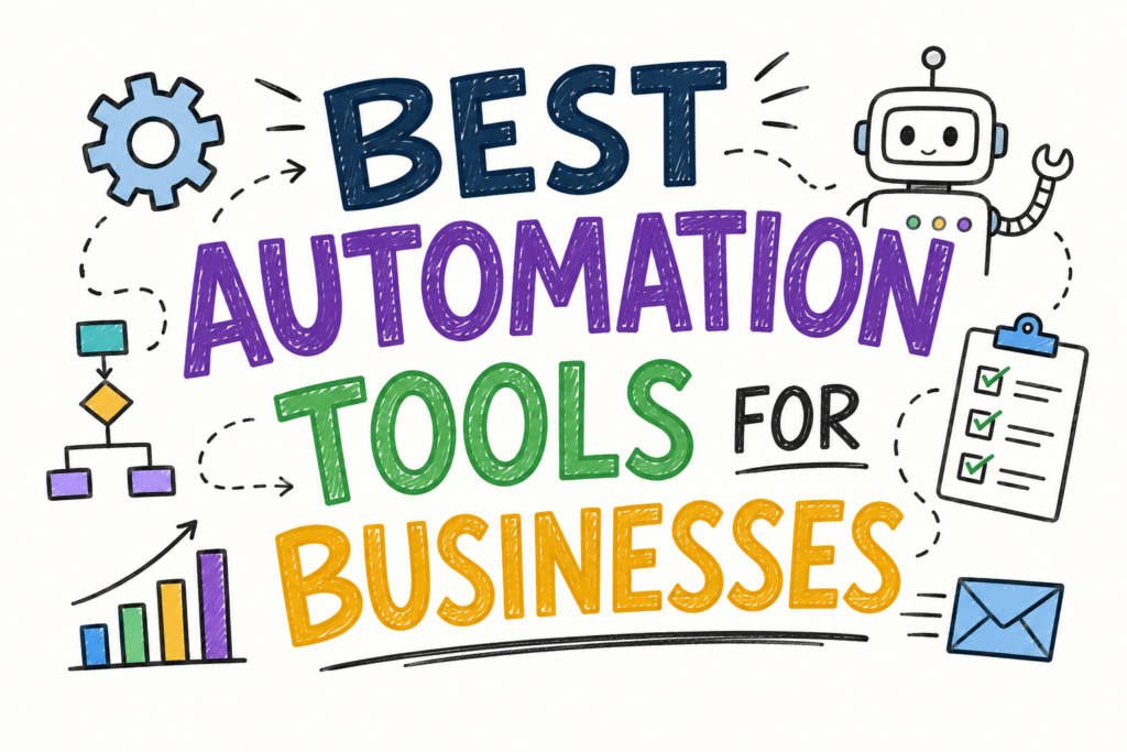 Colourful hand-drawn doodle featured image on a white background with the title “Best Automation Tools for Businesses” in bold multicolour sketch typography. Surrounding the title are playful automation-themed doodles including a robot assistant, gear icon, workflow diagram, analytics bar chart, checklist clipboard, arrows, and email envelope, representing business process automation and productivity.