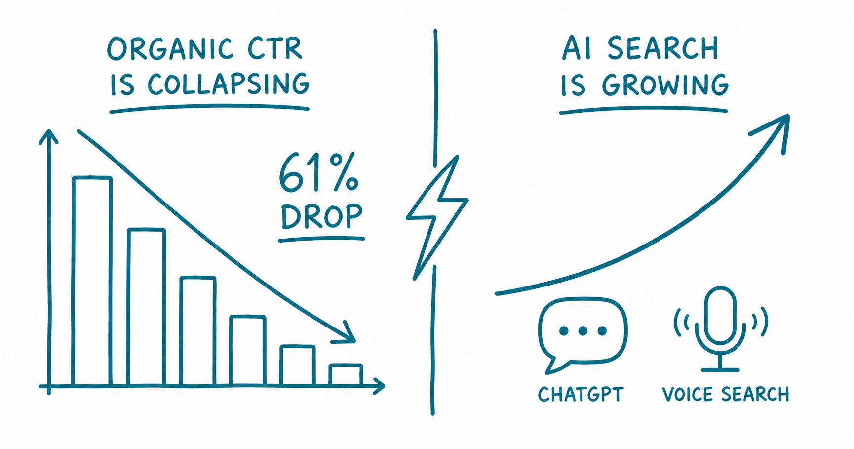 Doodle infographic showing organic CTR dropping 61 percent on the left as a falling bar chart labelled Organic CTR Is Collapsing, contrasted on the right with AI Search Is Growing shown as an upward curve with ChatGPT and voice search icons, separated by a hand-drawn lightning bolt