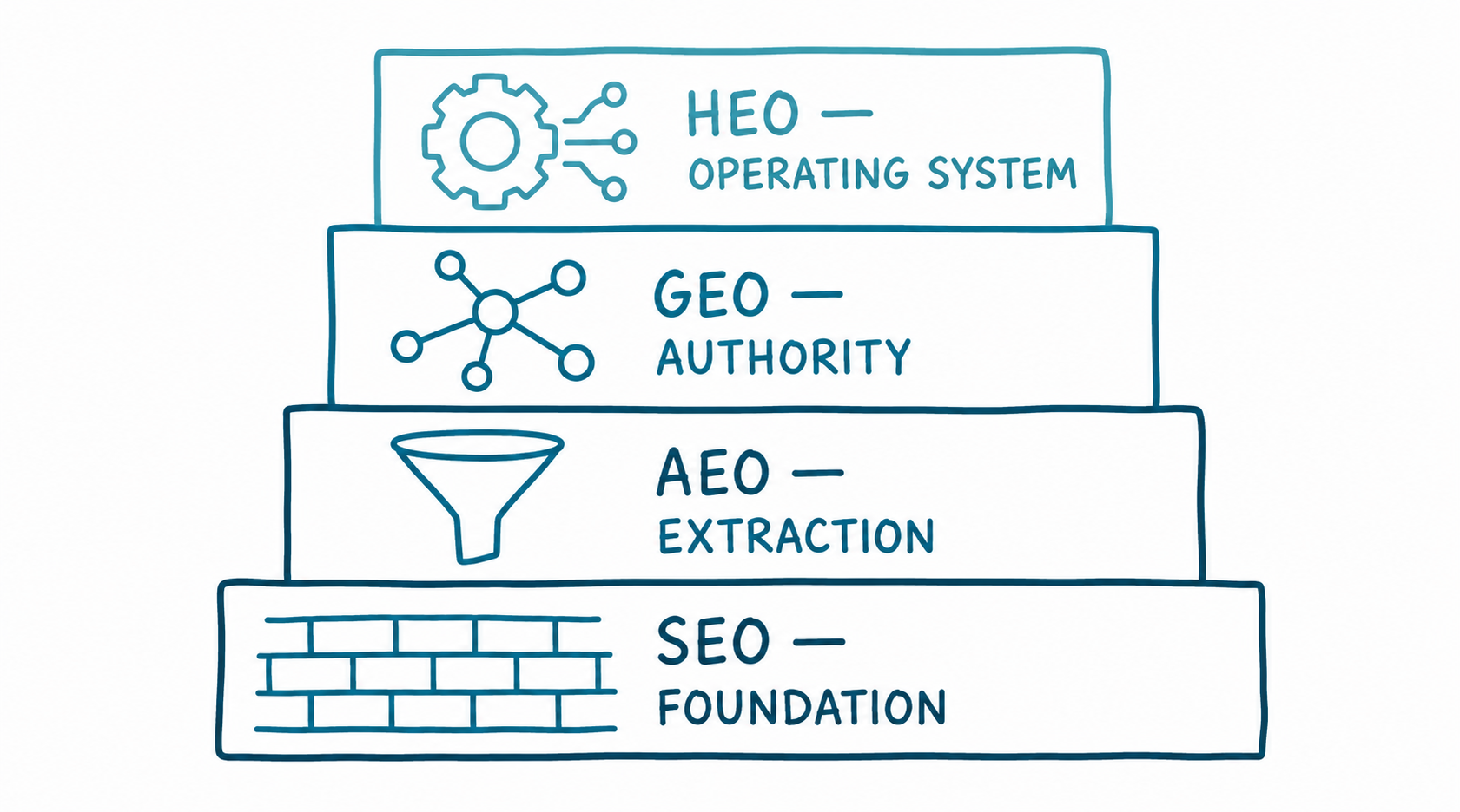 Doodle pyramid diagram showing The Search Visibility Stack with four layers — SEO Foundation at the bottom with a brick pattern, AEO Extraction above it with a funnel icon, GEO Authority above that with a network node diagram, and HEO Operating System at the top with a gear and circuit pattern