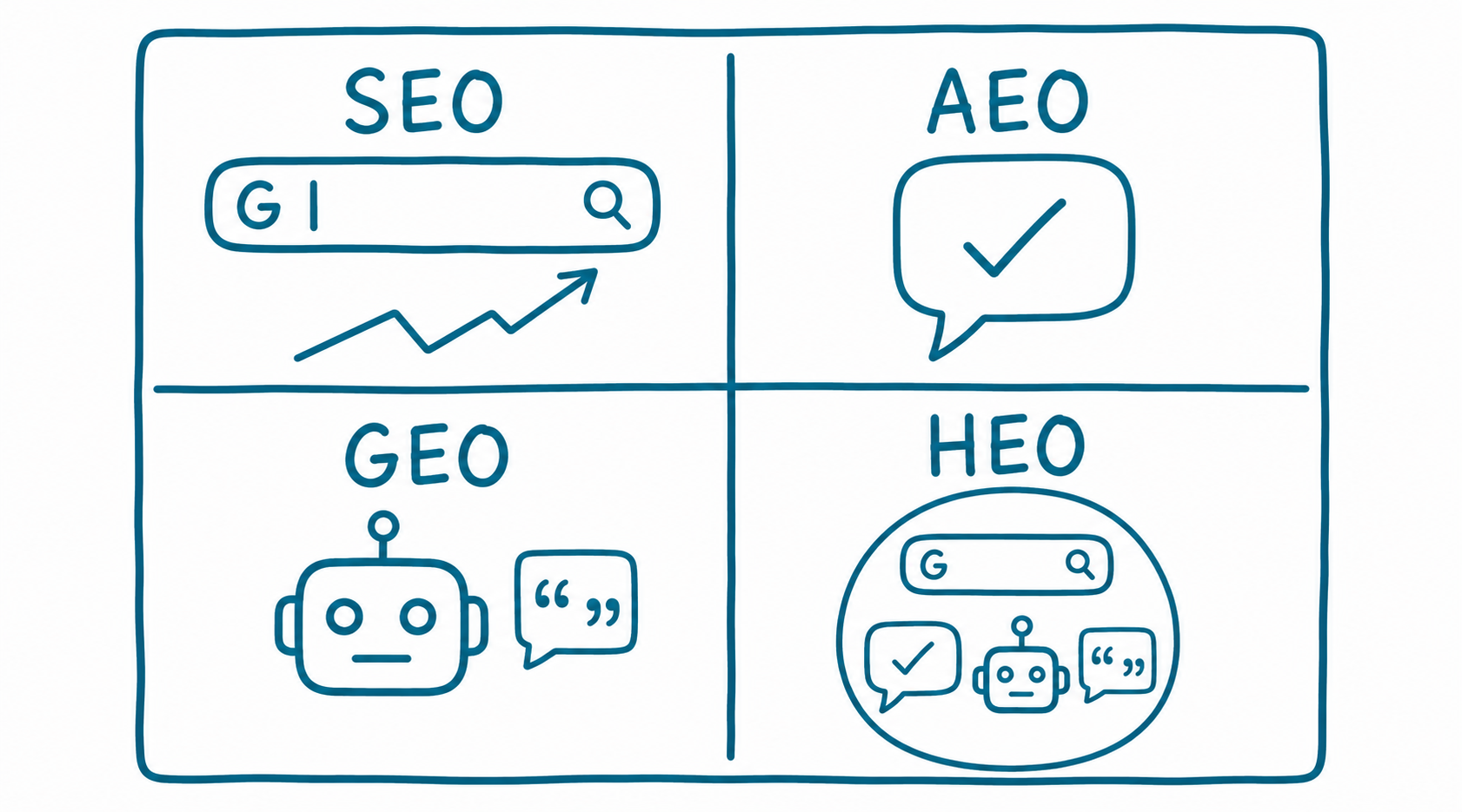 Doodle four-quadrant grid comparing SEO with a search bar and upward arrow, AEO with a speech bubble and checkmark, GEO with a robot head and citation marks, and HEO with a circle enclosing miniature versions of all three icons showing how HEO unifies the other approaches