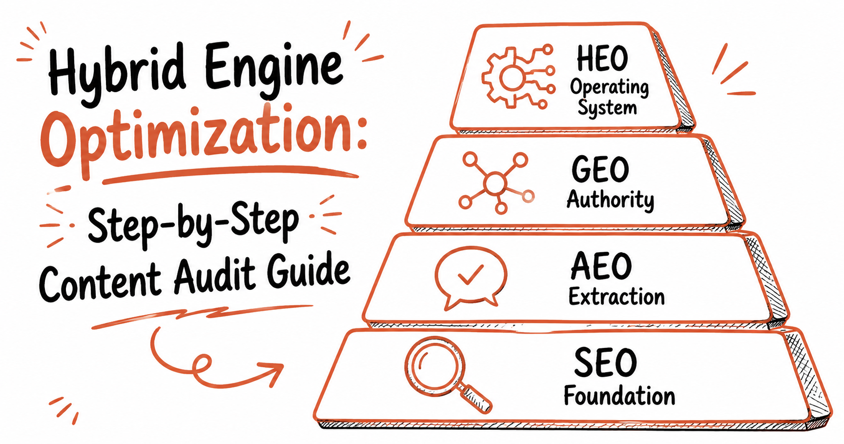 Doodle pyramid illustration showing four labelled layers of the Search Visibility Stack — SEO Foundation, AEO Extraction, GEO Authority, and HEO Operating System — with the title Hybrid Engine Optimization Step-by-Step Content Audit Guide in hand-drawn typography, terracotta accent on white background