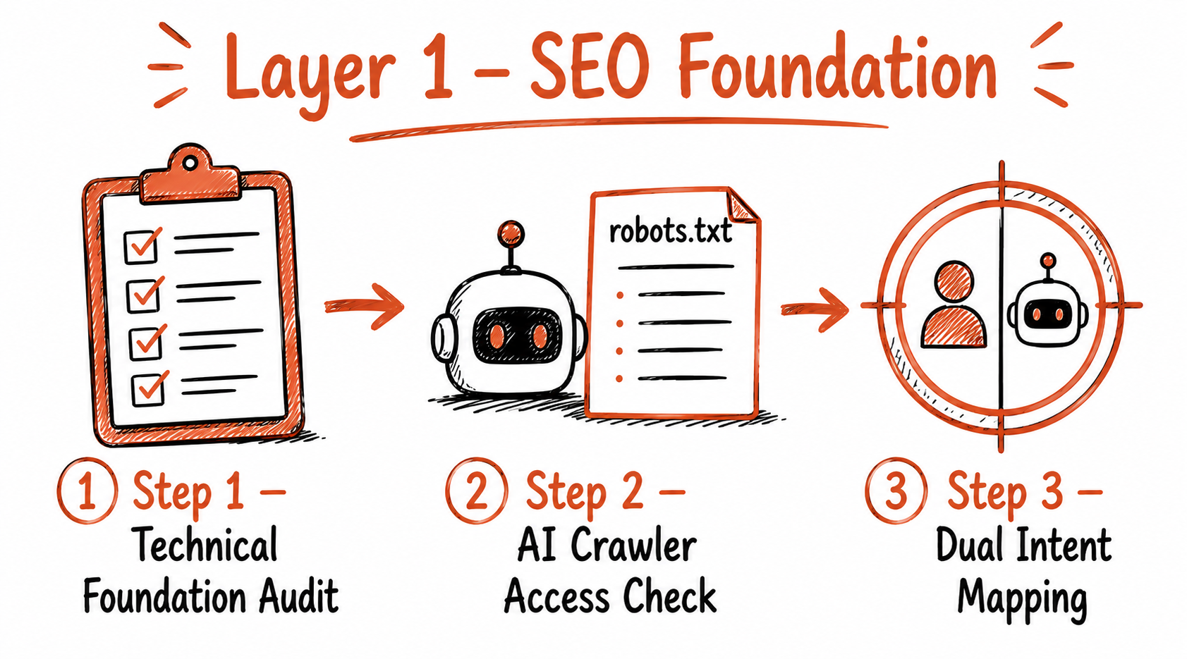 Doodle illustration showing three steps of the SEO Foundation layer in a horizontal row connected by arrows — Step 1 Technical Foundation Audit with a clipboard checklist icon, Step 2 AI Crawler Access Check with a robot and robots.txt document, Step 3 Dual Intent Mapping with a split bullseye showing human and AI, labelled Layer 1 SEO Foundation in terracotta on white background