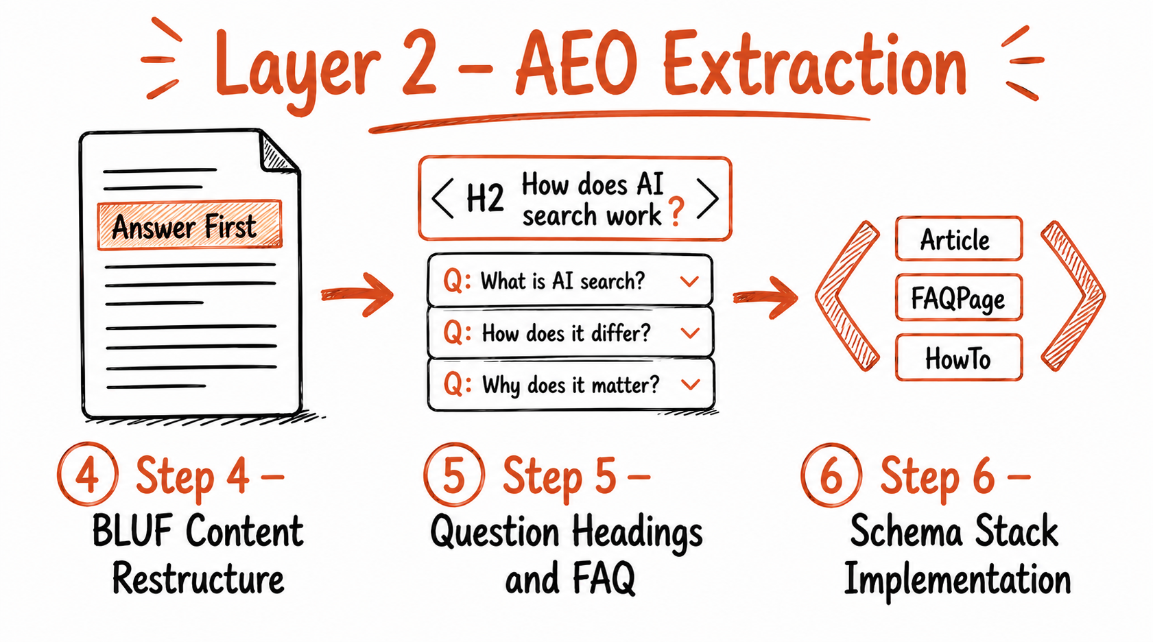 Doodle illustration showing three steps of the AEO Extraction layer in a horizontal row connected by arrows — Step 4 BLUF Content Restructure with a highlighted answer-first document, Step 5 Question Headings and FAQ with a heading tag and FAQ accordion, Step 6 Schema Stack Implementation with code brackets showing Article FAQPage and HowTo labels, labelled Layer 2 AEO Extraction in terracotta on white background