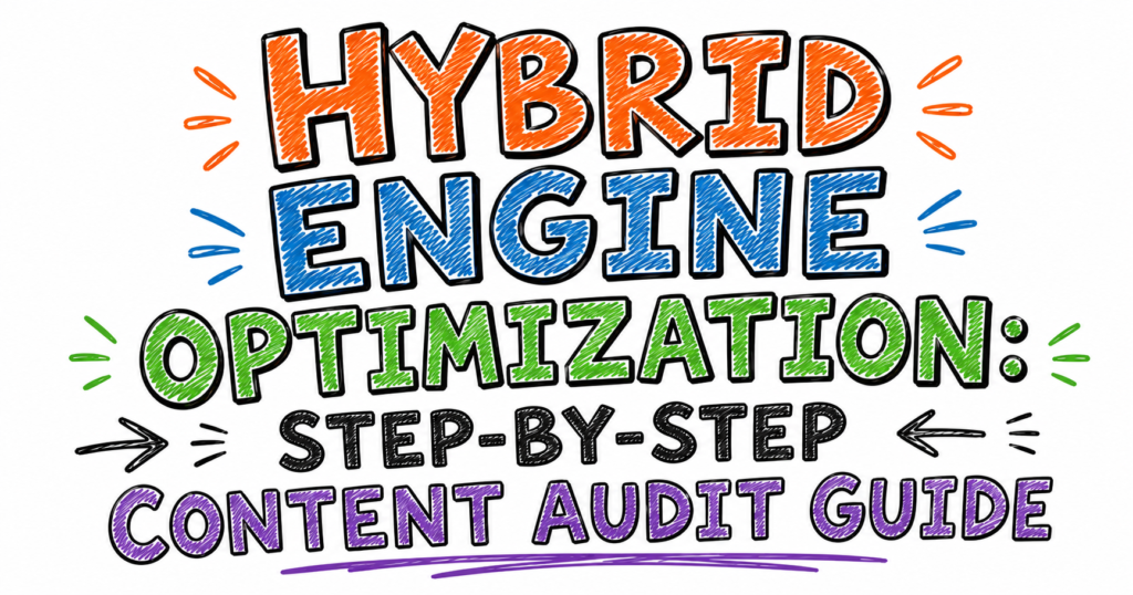 Hand-drawn doodle-style featured image on a white background with large colourful typography reading “Hybrid Engine Optimization: Step-by-Step Content Audit Guide.” The words are stacked in bold sketch lettering with orange, blue, green, black, and purple accent colours, surrounded by playful doodle arrows, lines, and highlight marks.