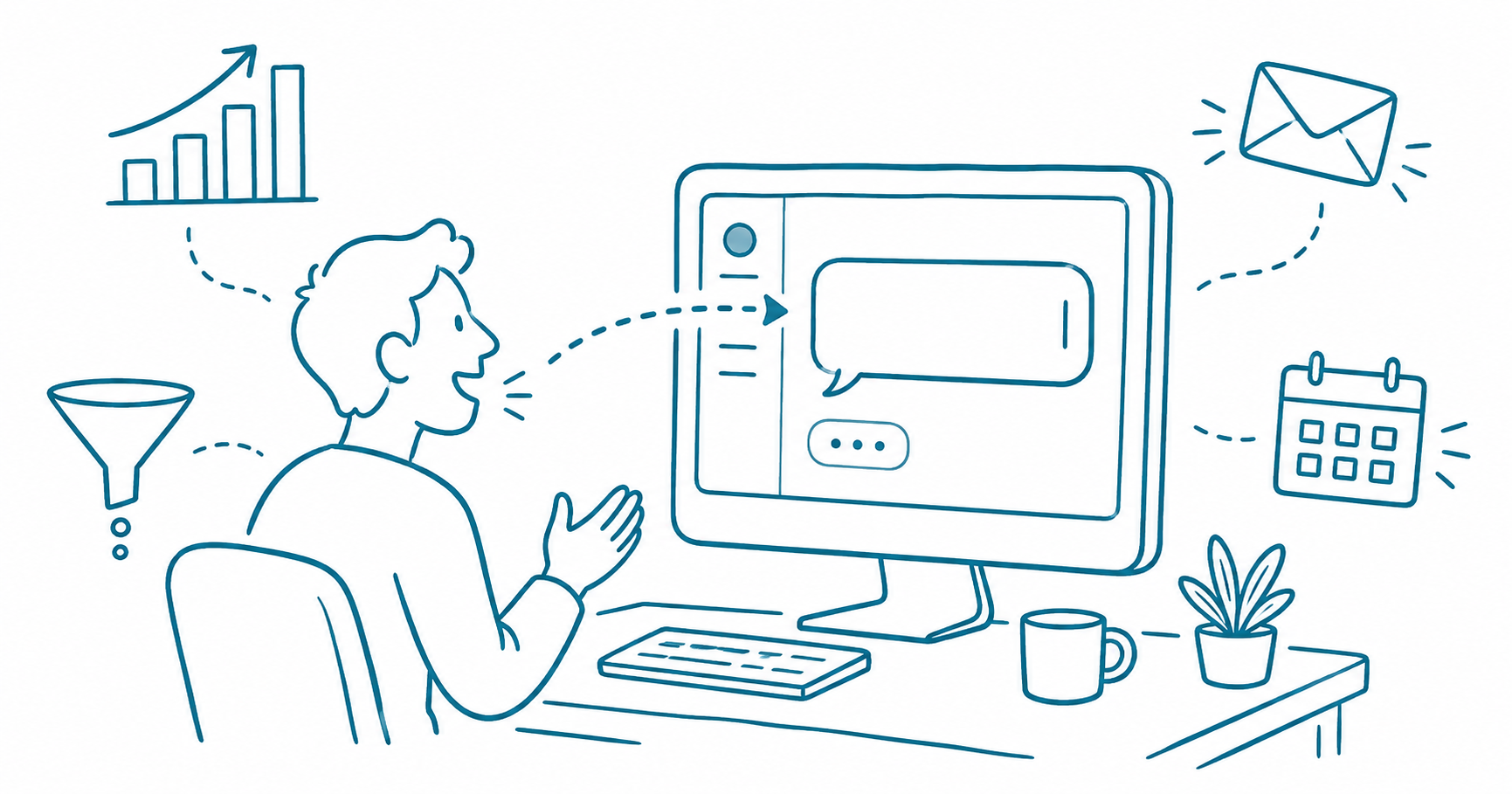 Flat doodle illustration of a non-technical marketer at a desk describing ideas to an AI chat interface, with marketing icons including a bar chart, funnel, email envelope, and calendar surrounding the scene, in teal-blue linework on white background