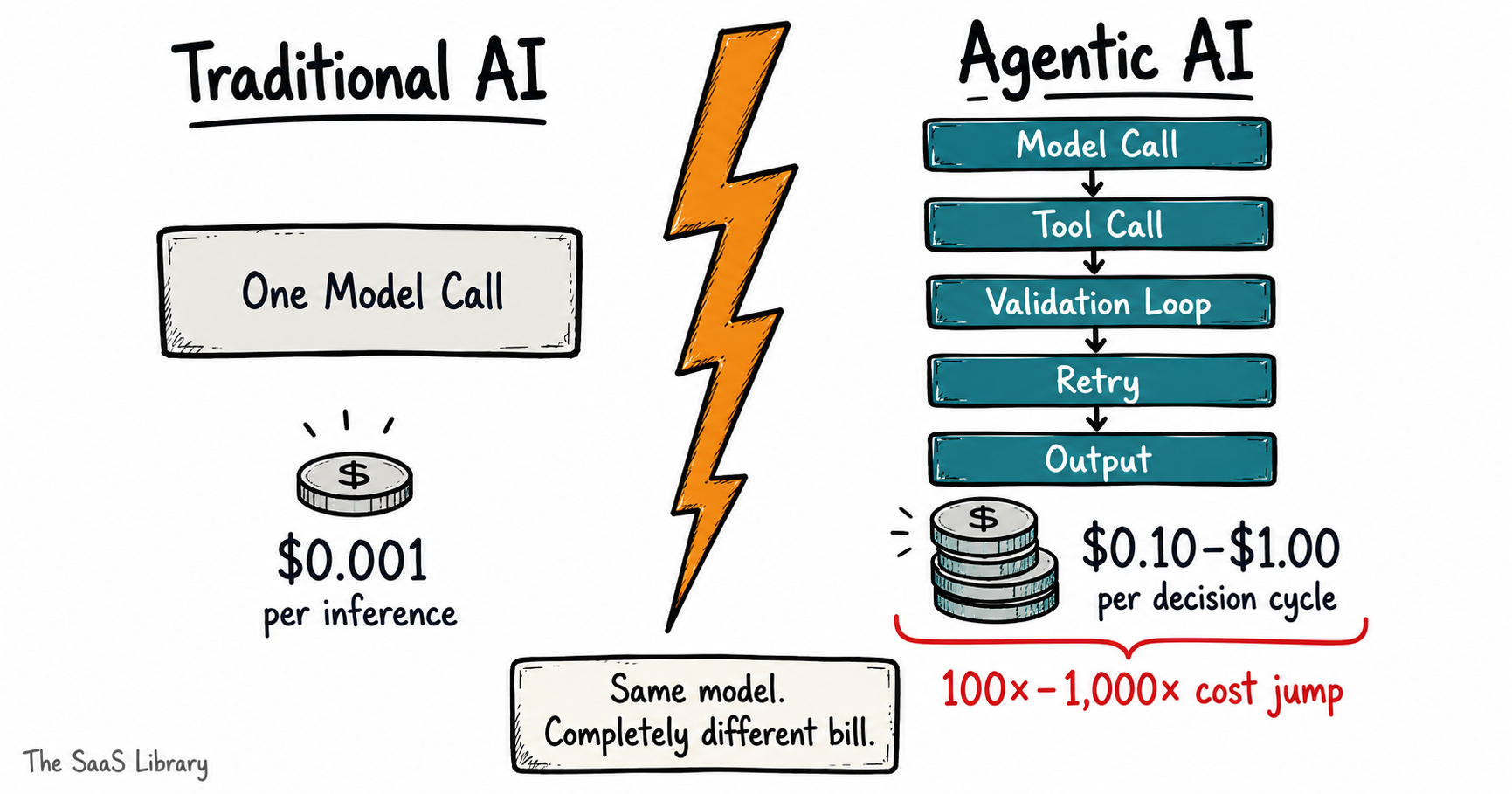 Sketchnote comparing traditional AI cost of $0.001 per inference versus agentic AI cost of $0.10–$1.00 per decision cycle