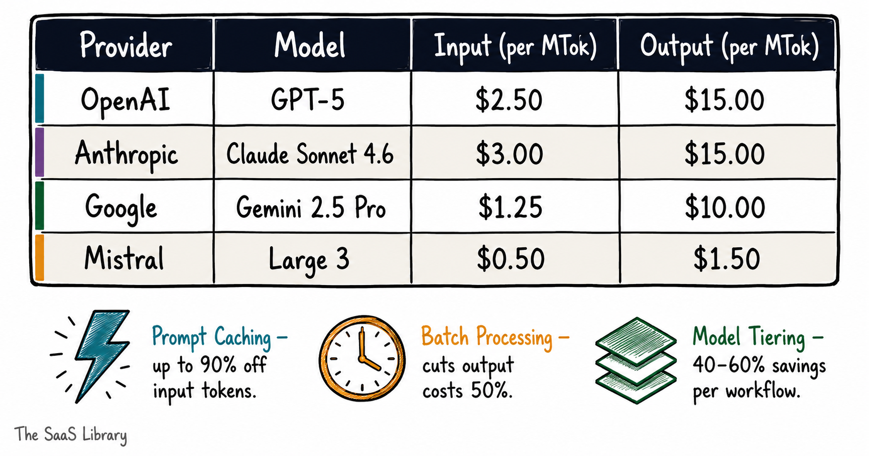Hand-drawn comparison table of agentic AI model API costs for OpenAI, Anthropic, Google, and Mistral in 2026