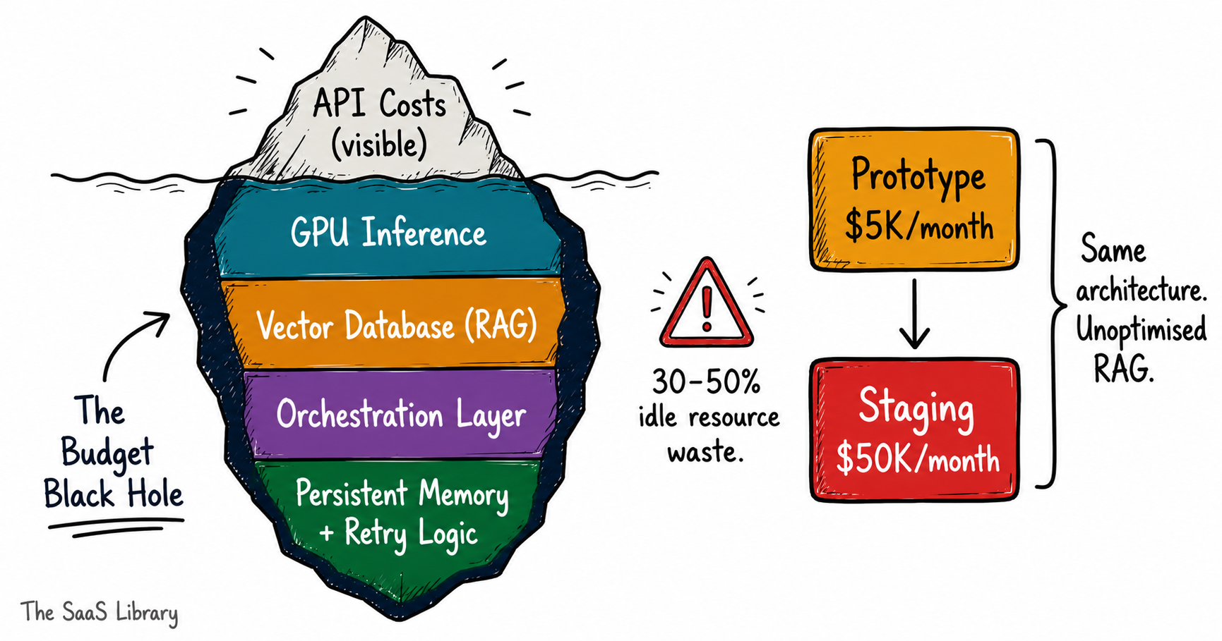Doodle iceberg diagram showing hidden agentic AI infrastructure costs beneath visible API spend with a $5K to $50K staging cost example