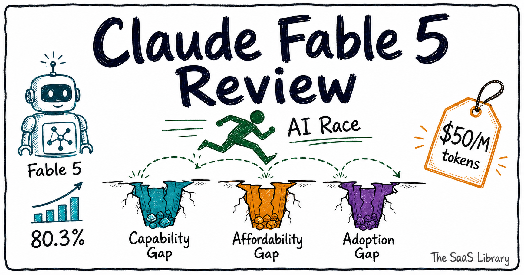 Doodle illustration showing Claude Fable 5 review concept with three labelled gaps — capability, affordability, and adoption — in the AI race