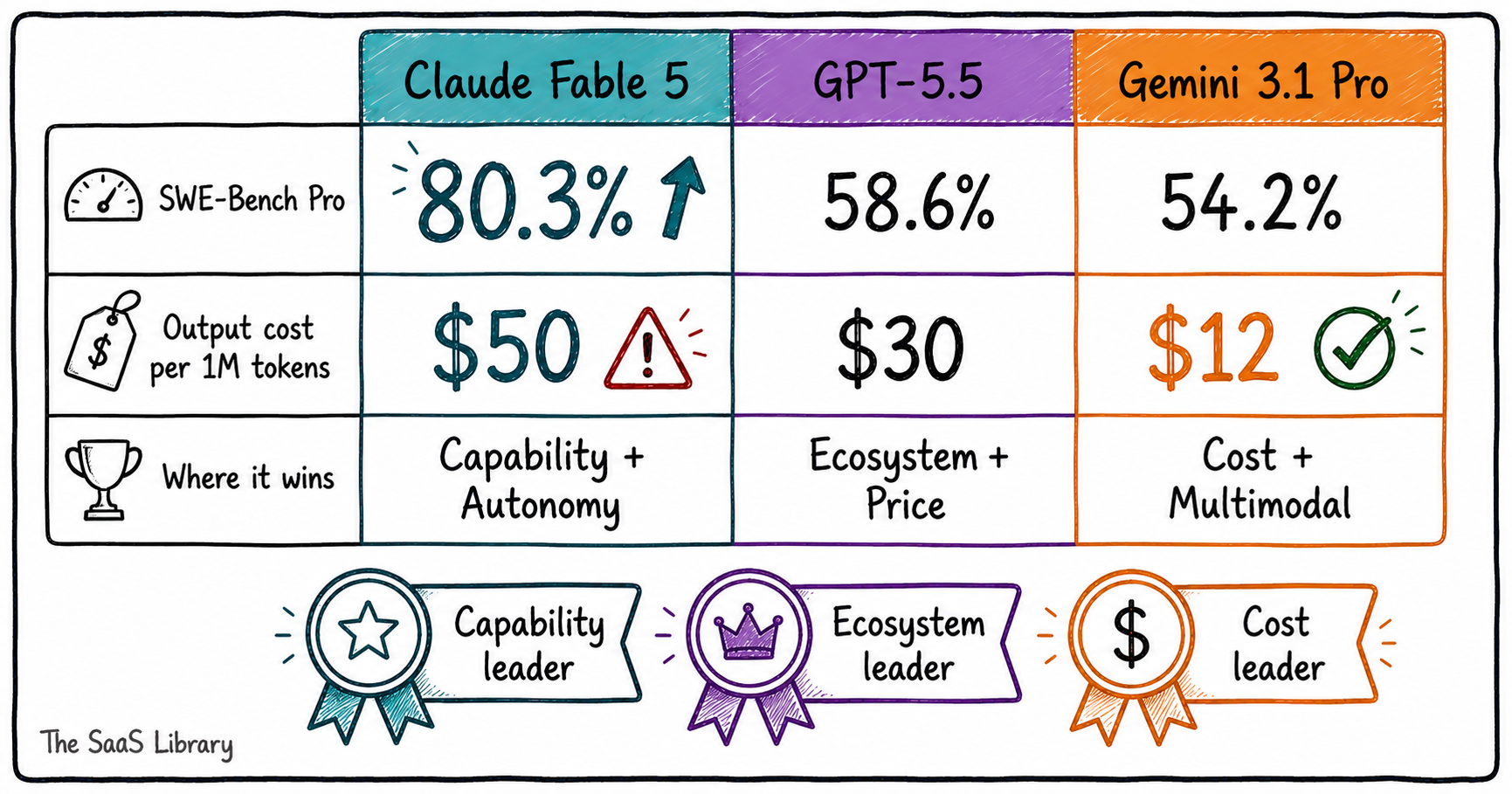 Doodle comparison table showing Claude Fable 5 vs GPT-5.5 vs Gemini 3.1 Pro on benchmarks, pricing, and competitive position