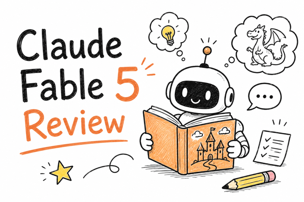 Hand-drawn doodle-style featured image on a white background with the title “Claude Fable 5 Review” in large black and orange lettering. A friendly cartoon robot sits reading an orange storybook with a castle illustration on the cover. Surrounding doodles include a lightbulb, dragon thought bubble, speech bubble, checklist, star, pencil, and decorative sketch lines. The illustration uses simple black outlines with orange and yellow accent colours, creating a playful editorial review aesthetic.