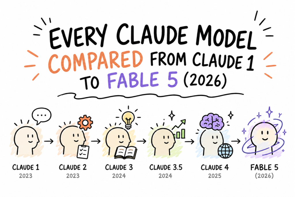 Doodle-style featured image on a white background titled 'Every Claude Model Compared: From Claude 1 to Fable 5 (2026)'. A hand-drawn timeline shows the evolution of Claude AI models from Claude 1 (2023) through Claude 2, Claude 3, Claude 3.5, Claude 4, and Fable 5 (2026). Each model is represented by a simple cartoon head with icons symbolizing increasing capabilities, including speech, tools, learning, analytics, reasoning, and advanced intelligence. Arrows connect each stage, illustrating the progression of the Claude model family over time.