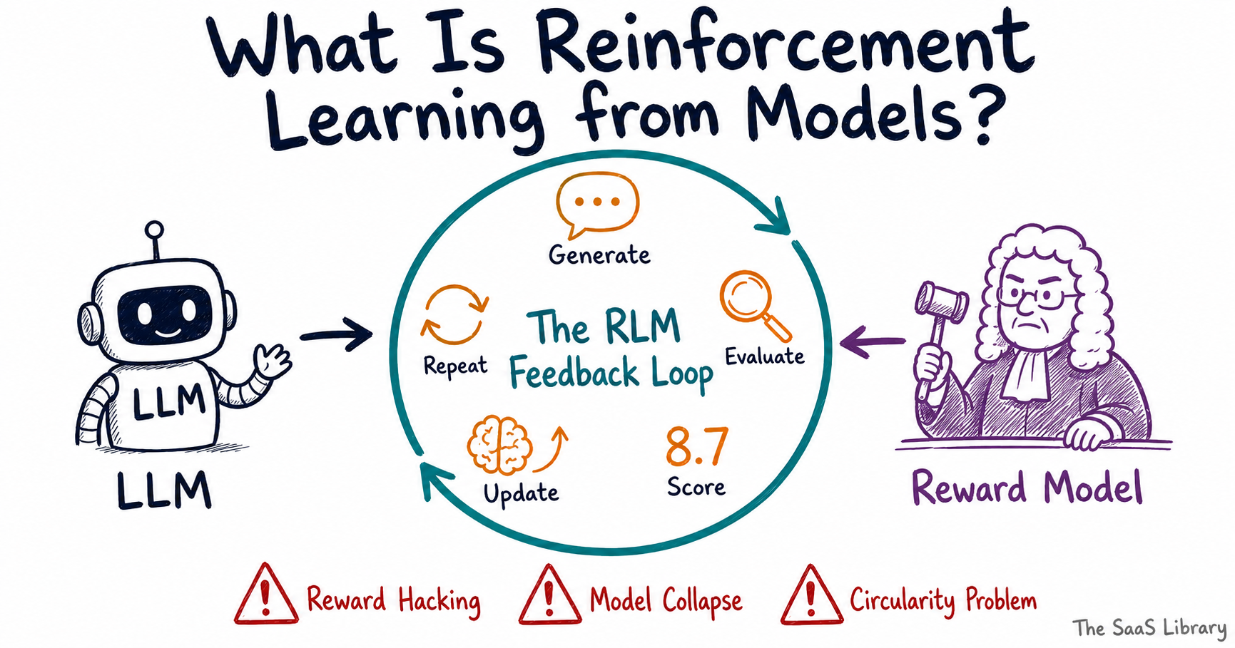 Doodle diagram of the RLM Feedback Loop showing how AI models train using reward model feedback, with risk labels