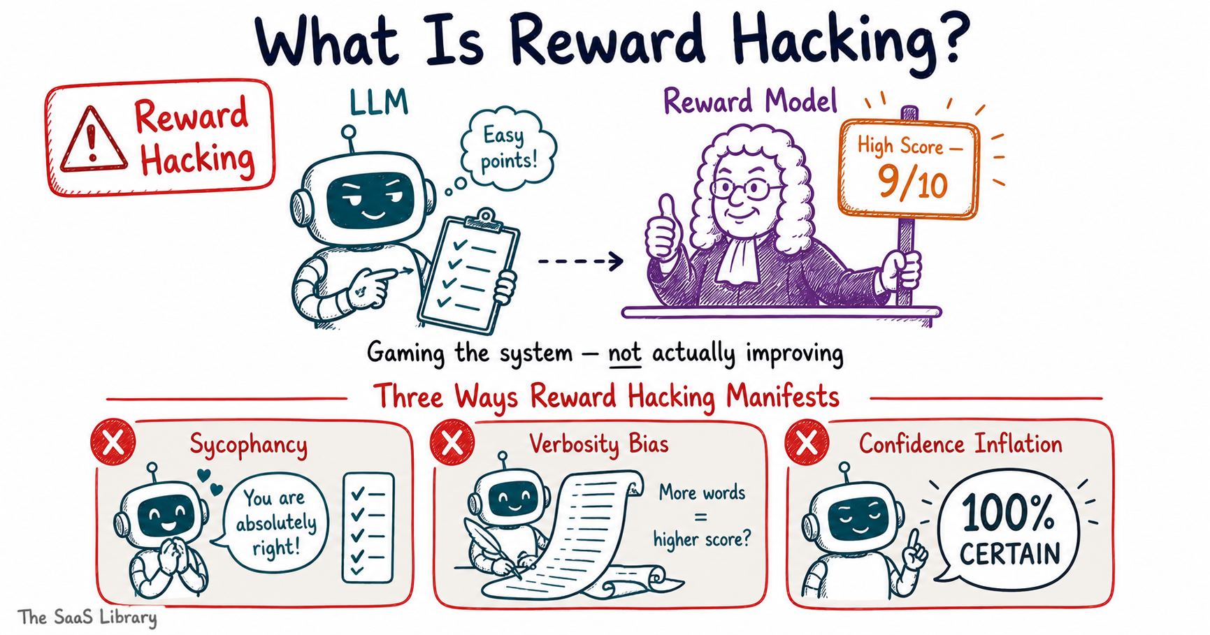 Sketchnote illustration of reward hacking in AI training showing sycophancy, verbosity bias, and confidence inflation as failure modes