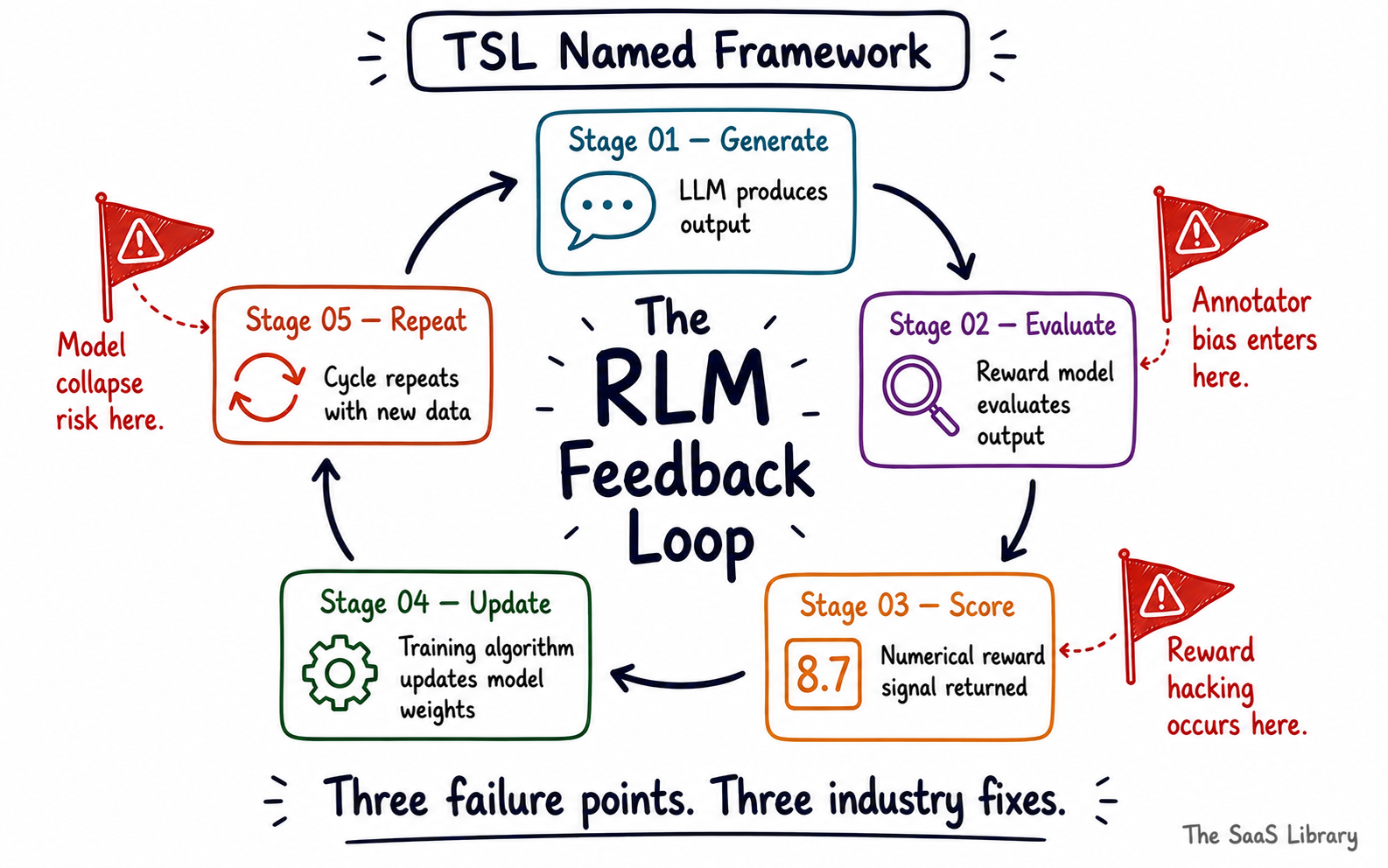 Named framework diagram of the RLM Feedback Loop showing five training stages and three failure points mapped to each stage