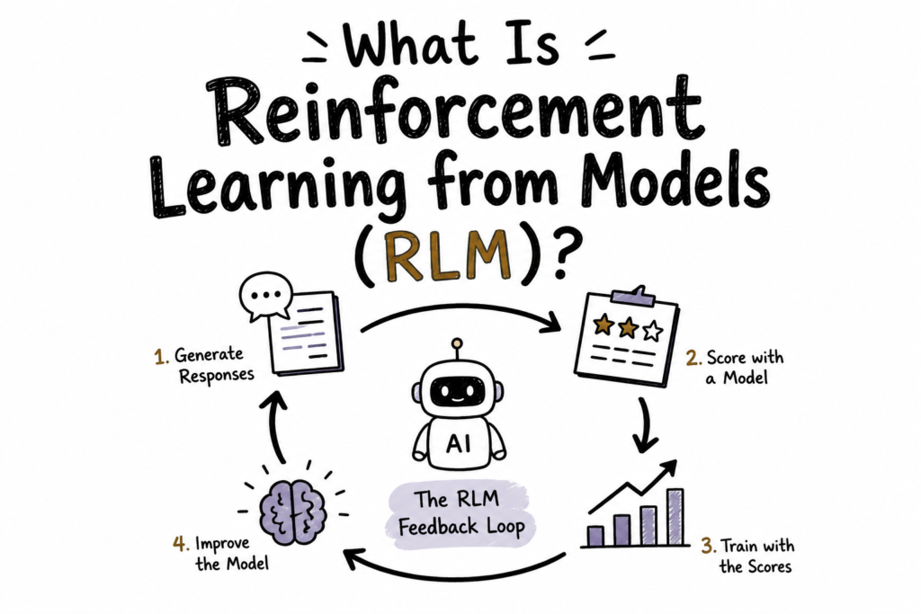 Doodle-style infographic titled “What Is Reinforcement Learning from Models (RLM)?” showing the RLM feedback loop on a white background. Hand-drawn illustrations depict an AI model generating responses, a reward model scoring outputs, training with feedback scores, and improving the model through continuous reinforcement learning. Circular arrows connect each stage around a central AI robot, explaining how AI models learn from AI-generated feedback.