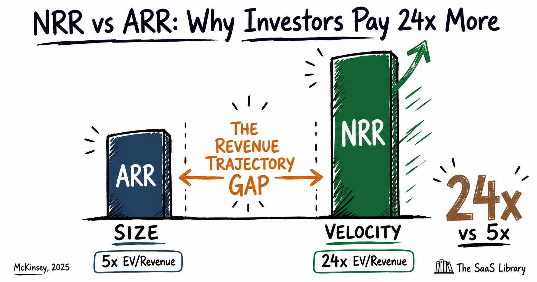 Doodle illustration showing the Revenue Trajectory Gap between ARR size and NRR velocity, with 24x vs 5x valuation multiples