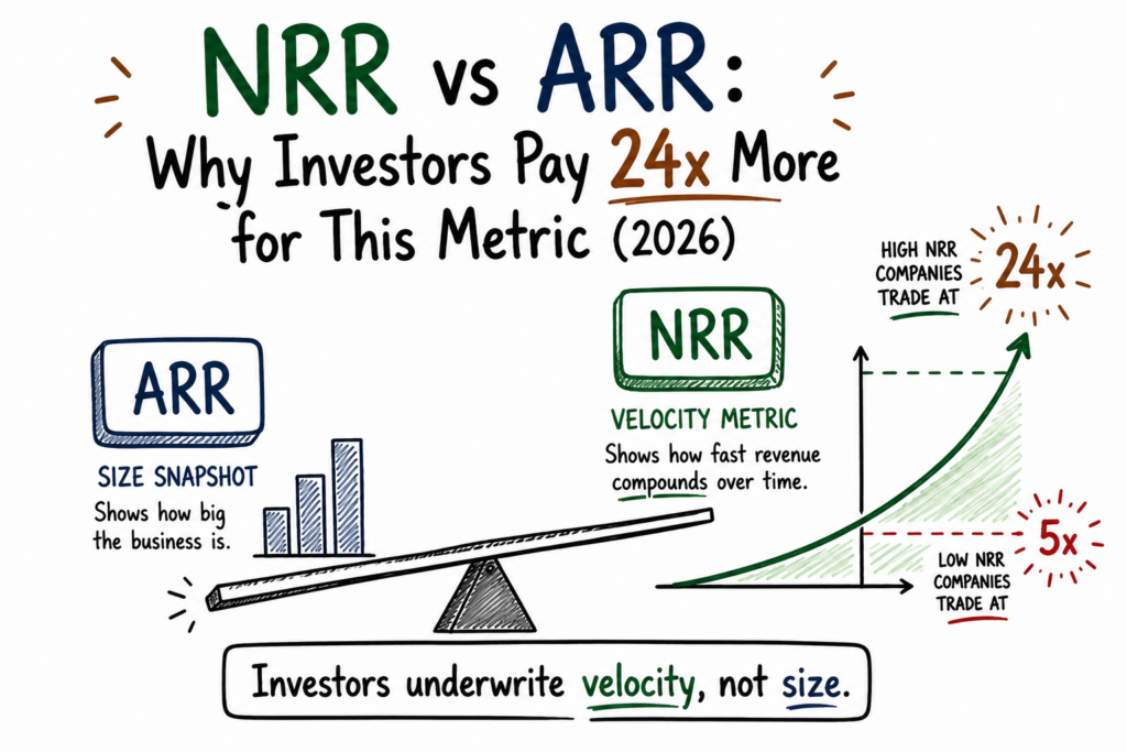 Doodle-style featured image titled “NRR vs ARR: Why Investors Pay 24x More for This Metric (2026)” on a white background. A seesaw compares ARR as a size snapshot with NRR as a velocity metric. ARR is illustrated with bar charts representing business size, while NRR is linked to an upward-curving growth graph showing revenue compounding over time. The graphic highlights that high-NRR companies trade at 24x revenue multiples versus 5x for low-NRR companies, emphasizing the concept that investors underwrite velocity, not size.