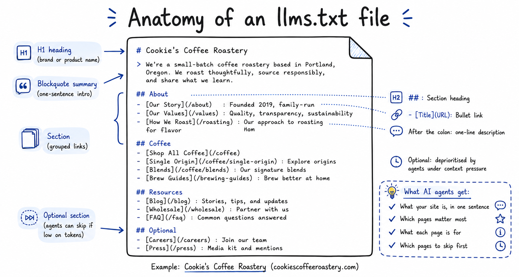 Doodle teaching diagram titled Anatomy of an llms.txt file showing Cookie's Coffee Roastery example with annotated Markdown elements H1 heading, blockquote summary, section headings, bullet links with title URL and description format, optional section, and a side panel titled What AI agents get listing what your site is in one sentence, which pages matter most, what each page is for, which pages to skip first