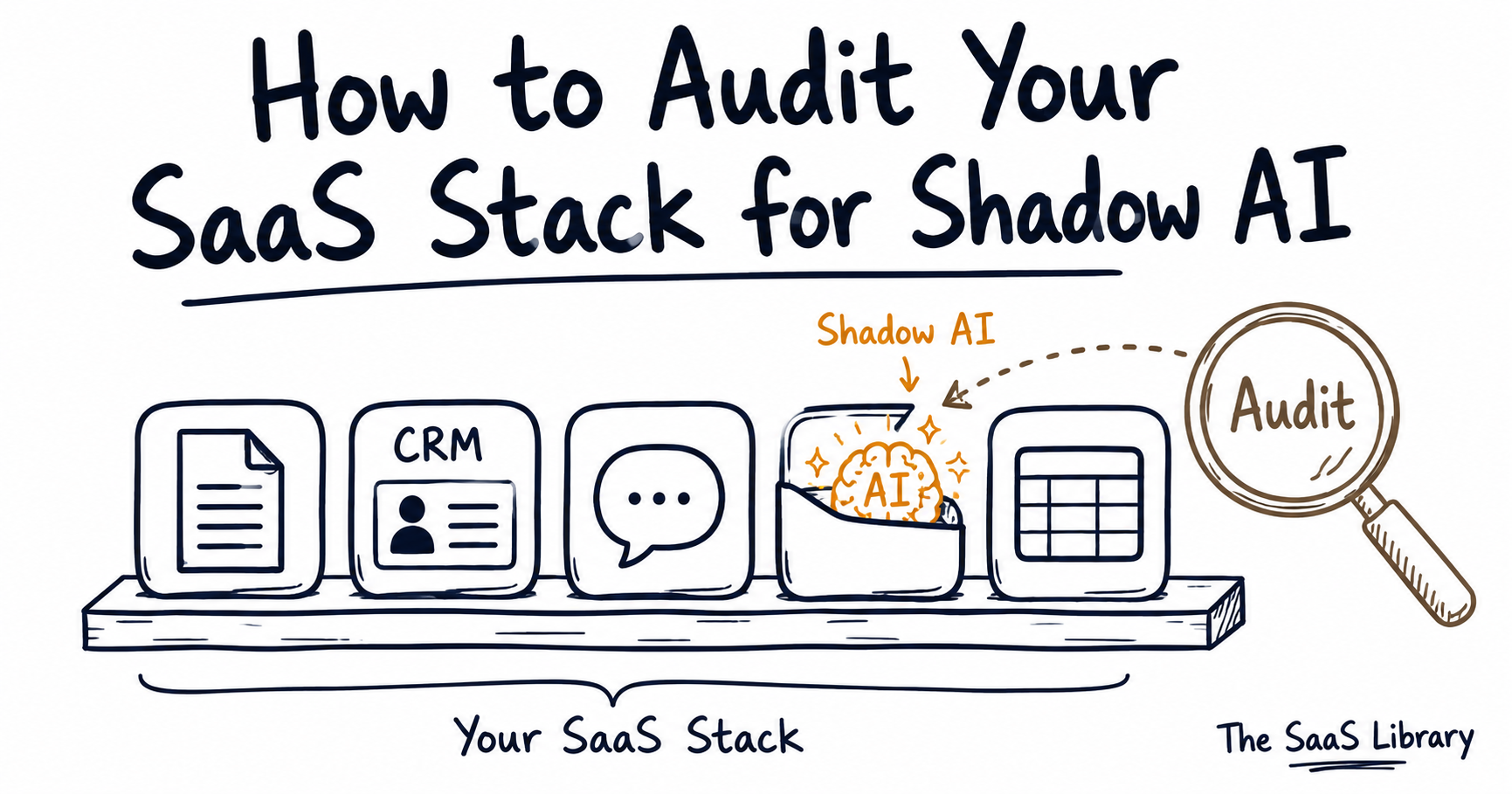Doodle illustration of SaaS app icons with a hidden AI sparkle being discovered by a magnifying glass