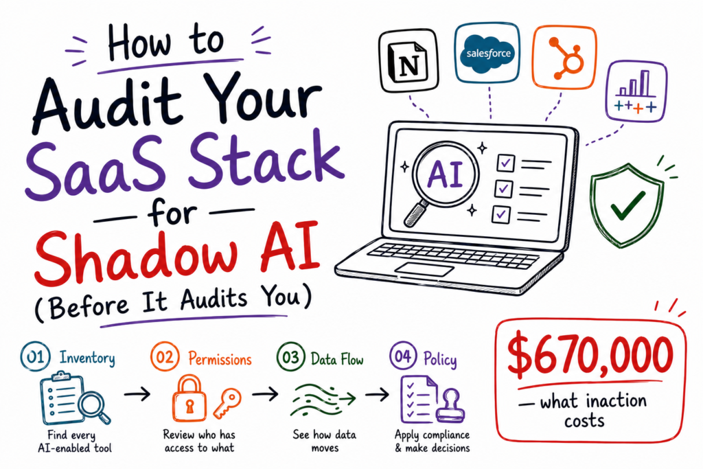 Doodle-style featured image titled “How to Audit Your SaaS Stack for Shadow AI (Before It Audits You)” showing a laptop dashboard with an AI audit magnifying glass, connected SaaS tools, a four-step audit framework (Inventory, Permissions, Data Flow, Policy), a security shield, and a highlighted $670,000 breach-cost warning on a clean white background.