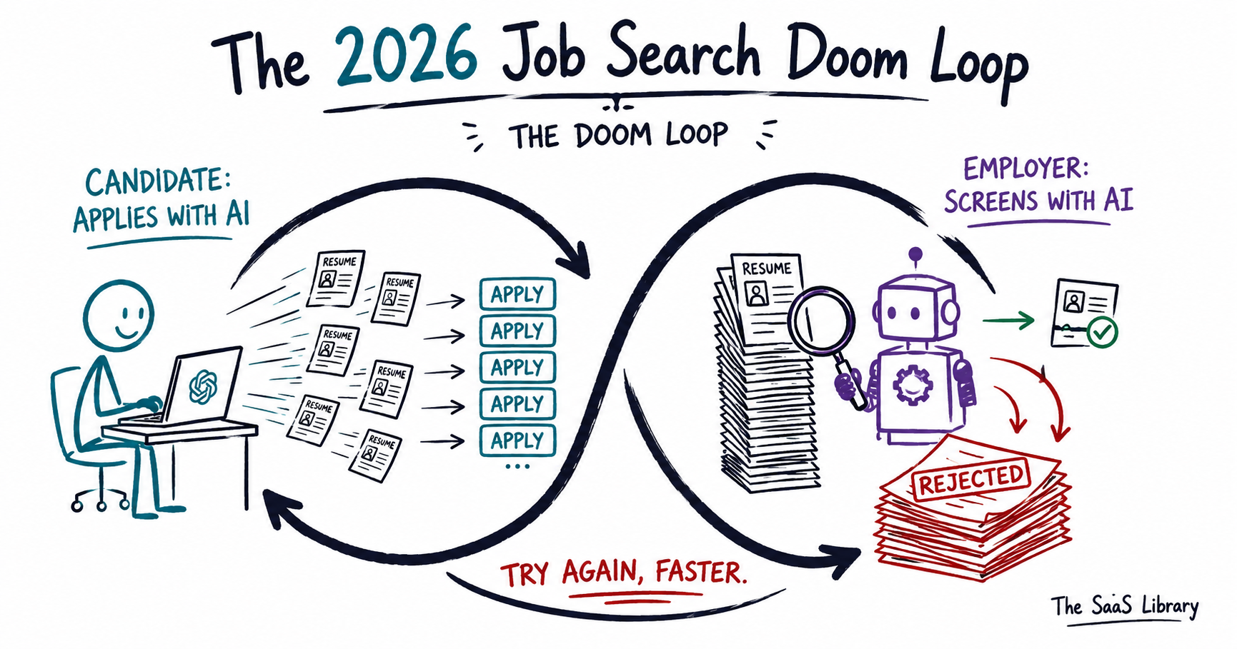 Doodle illustration of the 2026 job search doom loop showing AI-assisted mass applications and AI resume screening in an endless cycle