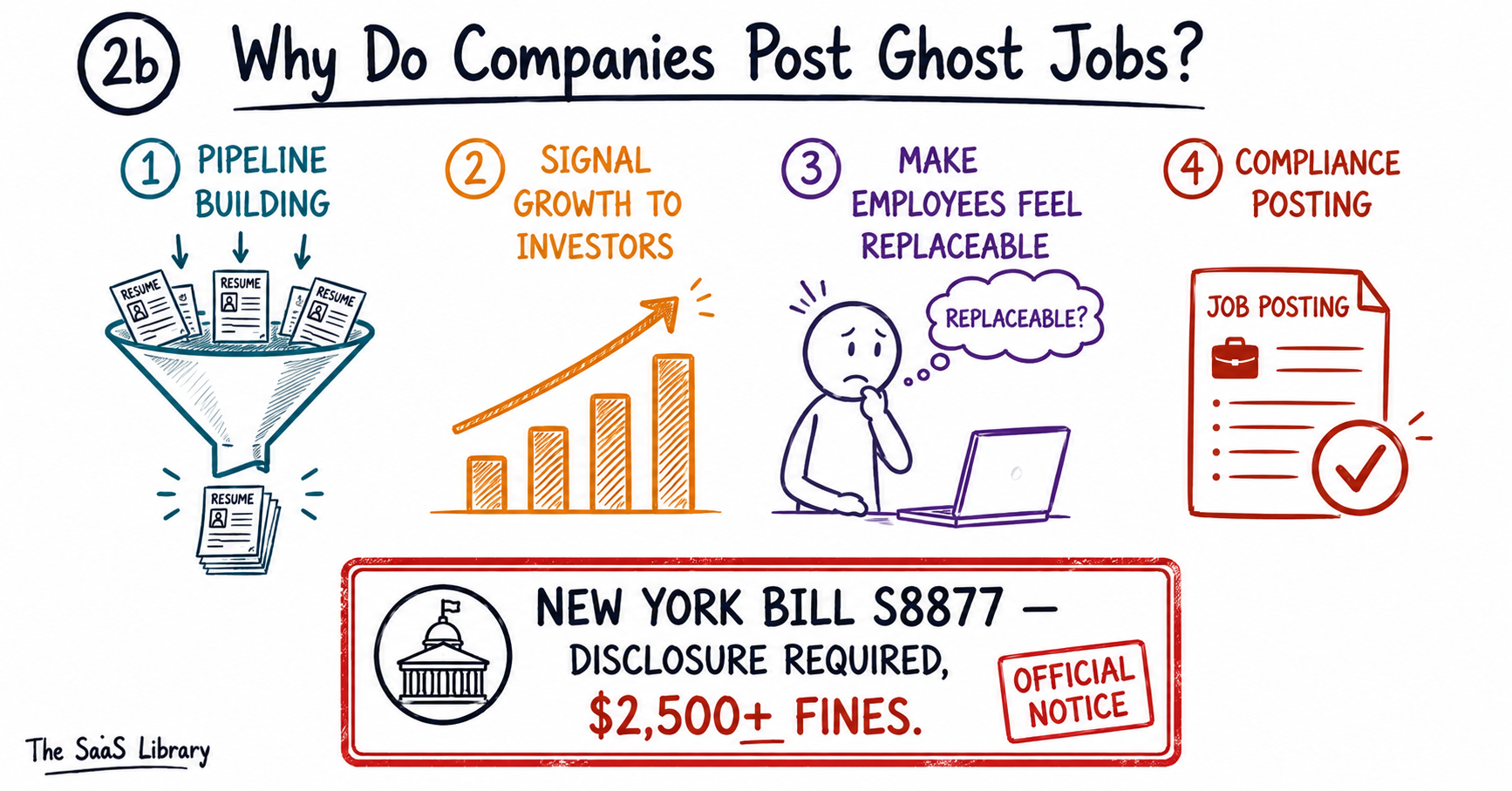 Doodle illustration of the four reasons companies post ghost jobs and New York's new Bill S8877 disclosure requirement
