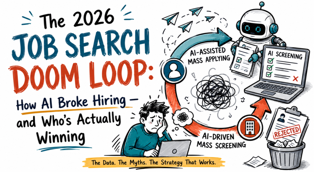 Doodle-style featured image titled "The 2026 Job Search Doom Loop: How AI Broke Hiring and Who's Actually Winning." The illustration shows a frustrated job seeker at a laptop trapped in a circular cycle between AI-assisted mass applications and AI-driven resume screening. A robot reviews resumes while rejected applications accumulate in a trash bin, symbolizing the feedback loop of more applications, more screening, more rejections, and increasing candidate frustration. White background with hand-drawn teal, red, and black accents.