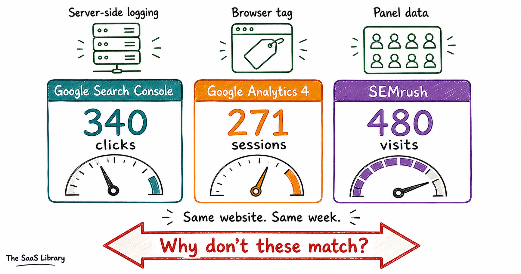 Three SEO analytics tools showing different numbers for the same website — illustrating why SEO tools give different data