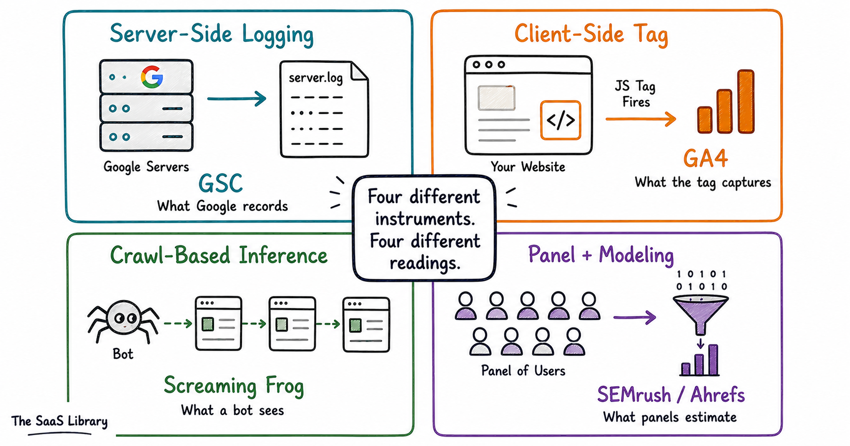 Four SEO data collection methods — server-side logging, client-side tag, crawler inference, and panel modeling — compared side by side