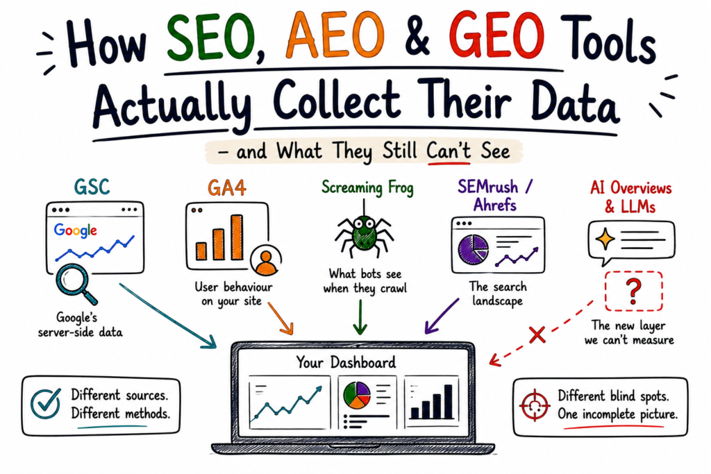 Doodle-style infographic illustrating how Google Search Console, Google Analytics 4, Screaming Frog, SEMrush, and AI search collect data differently, showing that each tool measures a different part of search performance and highlighting the AI measurement gap.