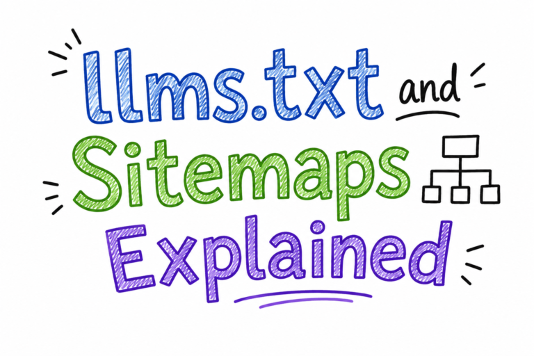 Doodle-style featured image on a white background with the title “llms.txt and Sitemaps Explained” in large hand-drawn lettering. “llms.txt” appears in blue, “Sitemaps” in green, and “Explained” in purple, with simple black doodle accents and a sitemap icon illustrating the comparison between AI-agent navigation and traditional search engine indexing.