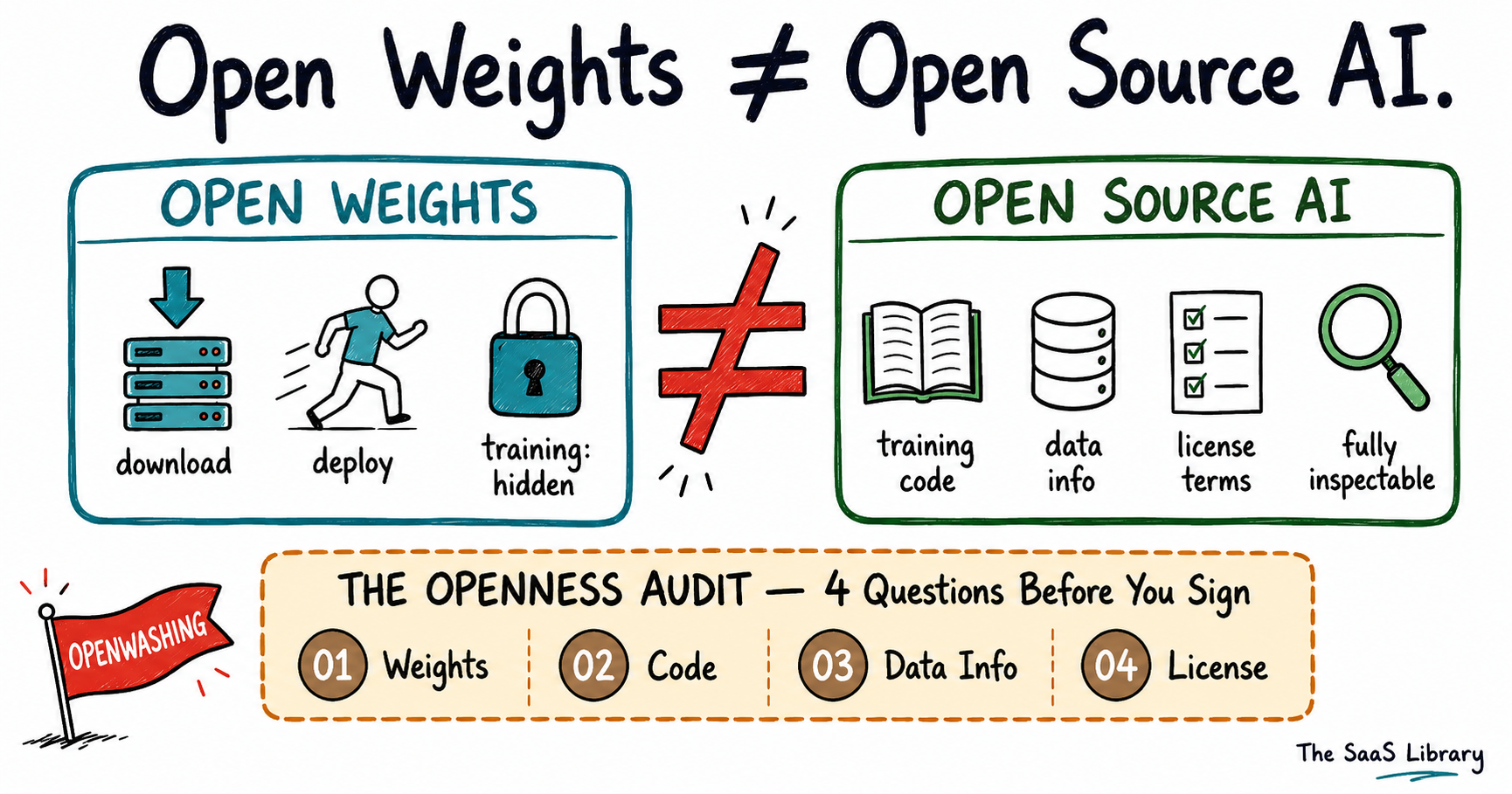 Open weights vs open source AI comparison showing the Openness Audit framework — four axes B2B buyers must verify before signing.