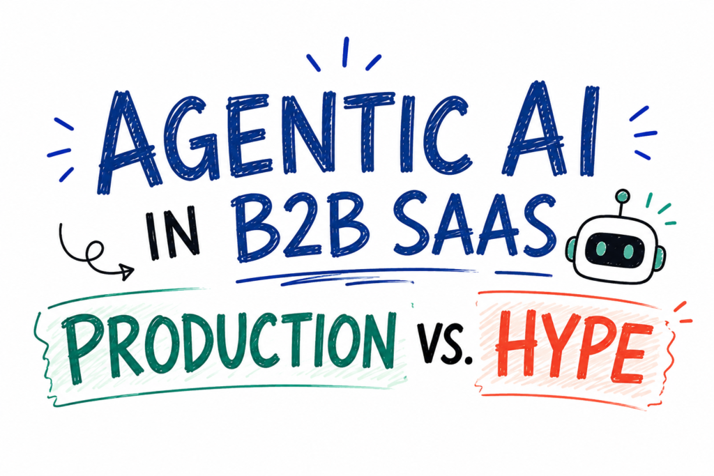Hand-drawn doodle-style featured image on a white background with the title “Agentic AI in B2B SaaS” in large blue lettering. Below, the phrase “Production vs. Hype” is displayed with “Production” highlighted in green and “Hype” highlighted in red. Decorative doodle elements include arrows, sketch lines, accent marks, and a small robot icon, illustrating the contrast between real-world AI deployment and marketing hype.