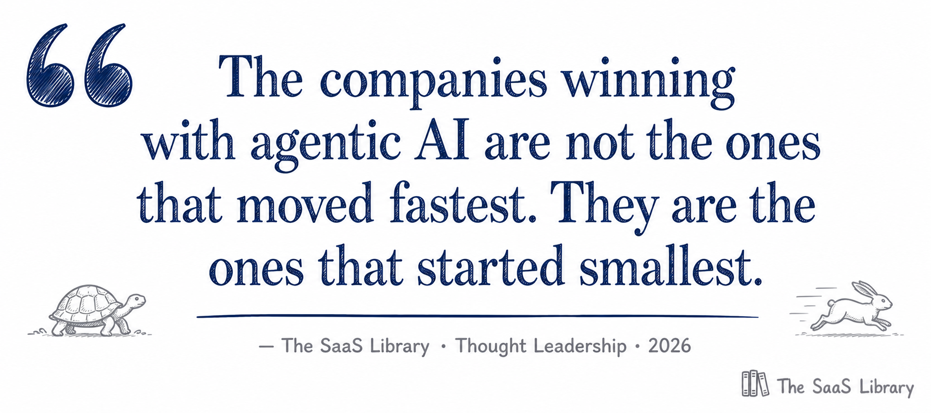 Pull quote doodle image: 'The companies winning with agentic AI are not the ones that moved fastest. They are the ones that started smallest.' — The SaaS Library, Thought Leadership, 2026. Small tortoise on left and sprinting hare on right as decorative elements.