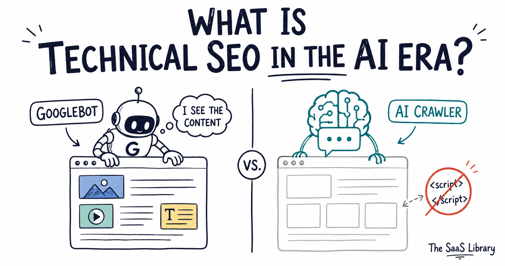 Doodle comparing how Googlebot and AI crawlers each read the same webpage