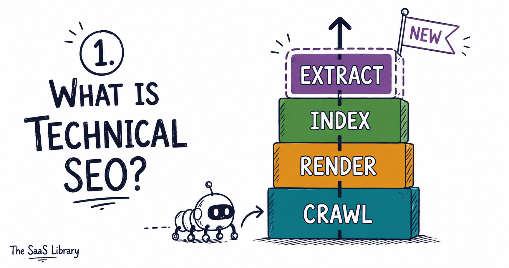 Four-block tower showing crawl, render, index, and extract as technical SEO pillars