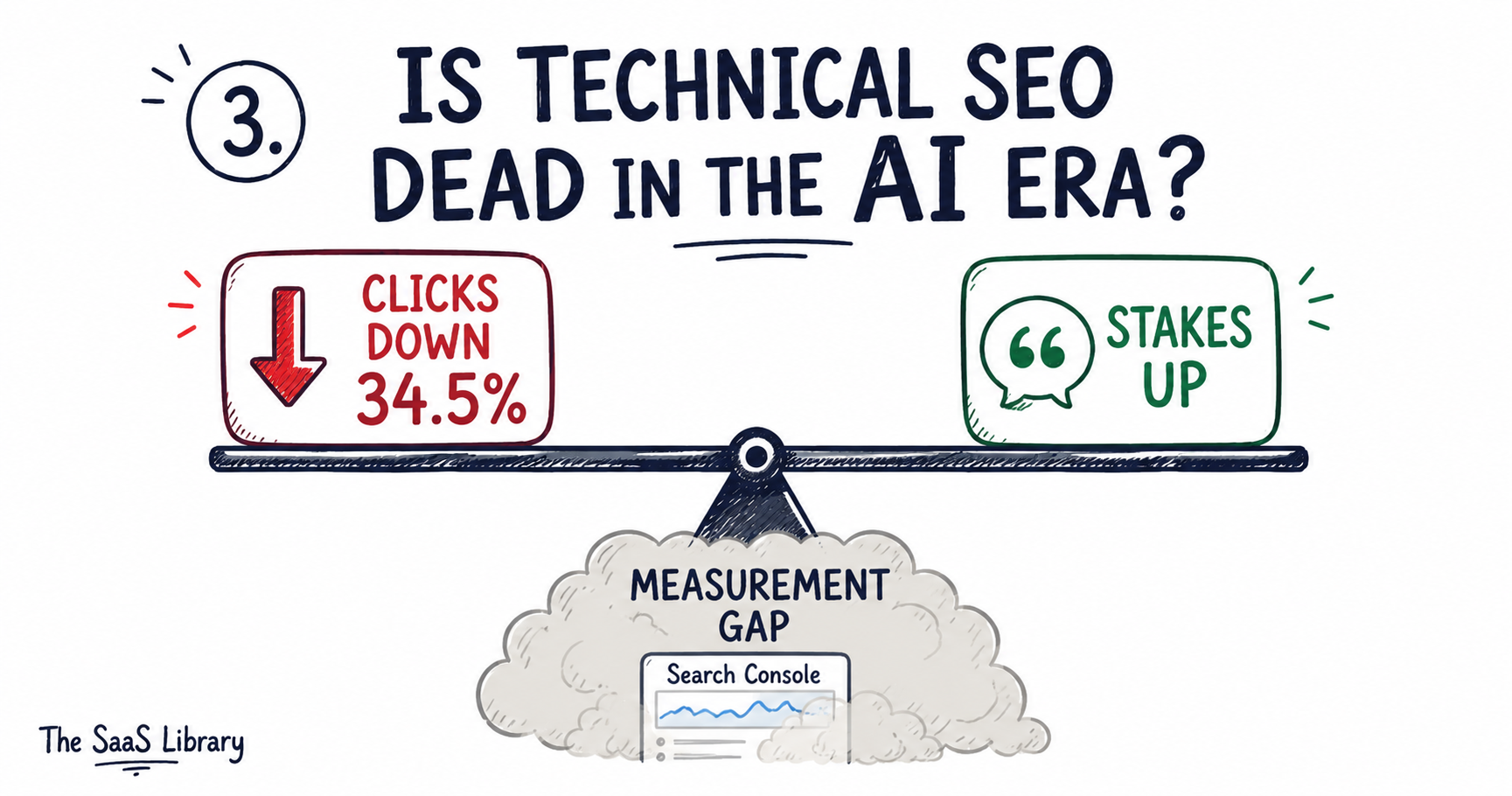Balance scale showing lower clicks against higher stakes in AI-era technical SEO